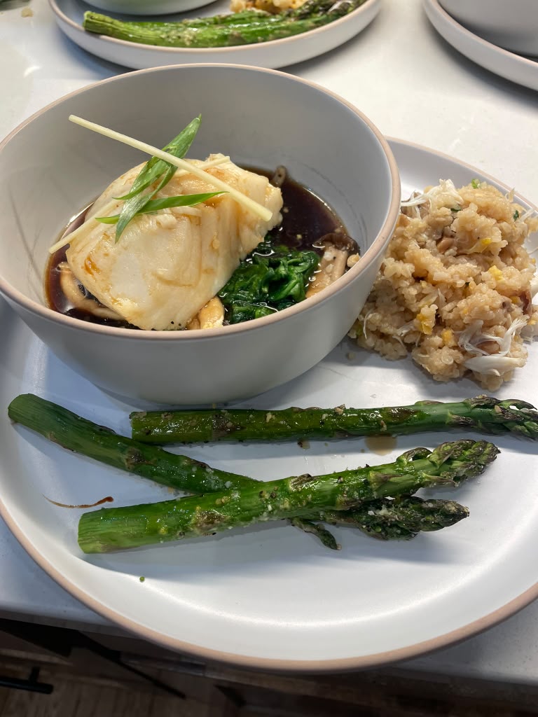 Miso glazed halibut with crab fried quinoa and roasted asparagus